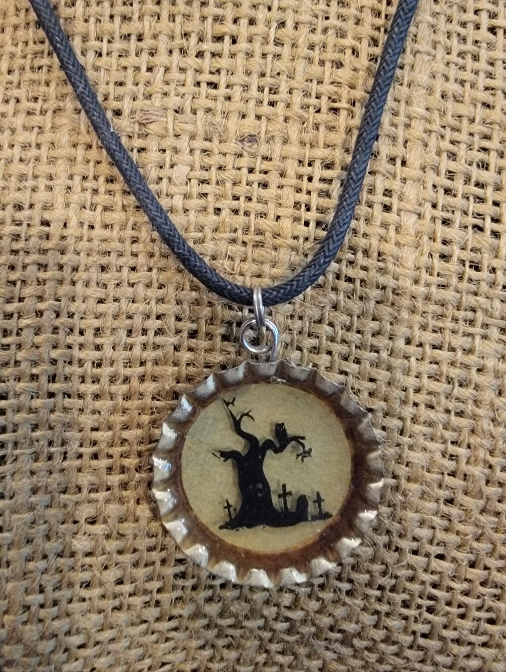 Halloween Haunted Spooky Tree & Graveyard Vintage Bottle Cap Pendant Necklace